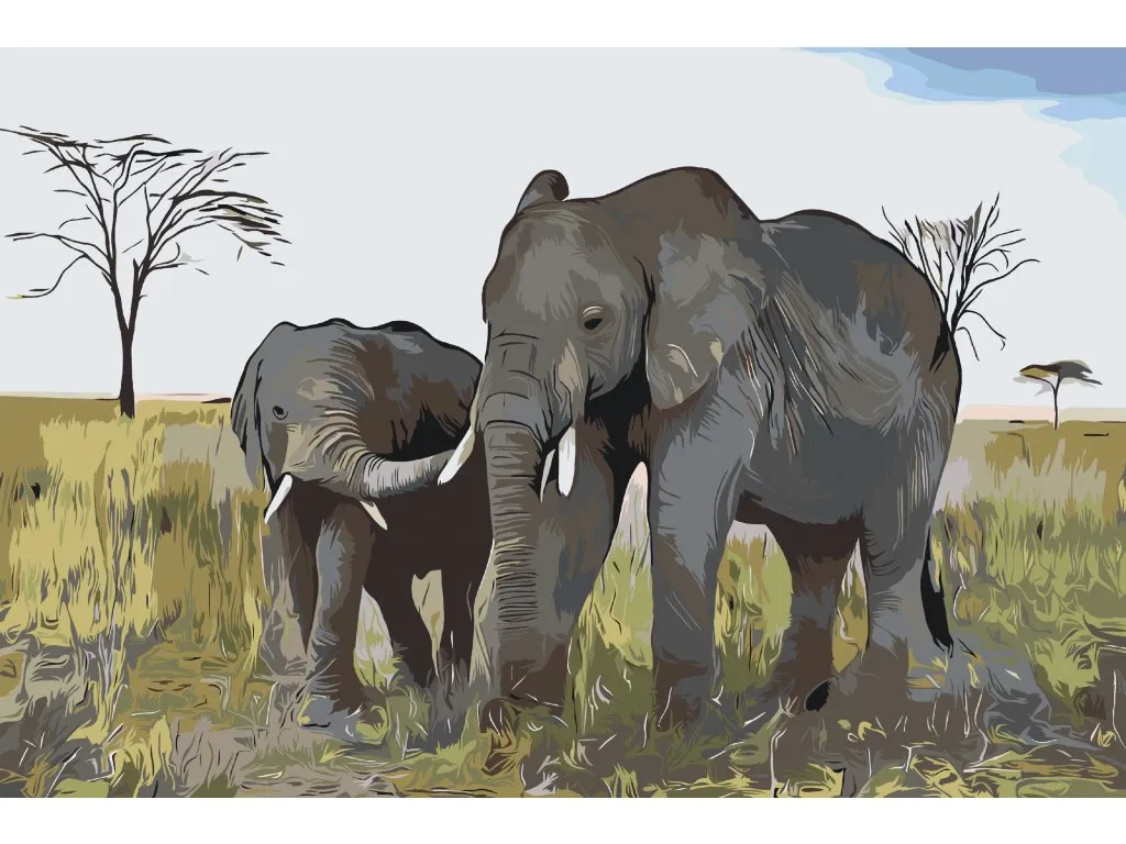Pintar por Números - Cría de elefante con su madre