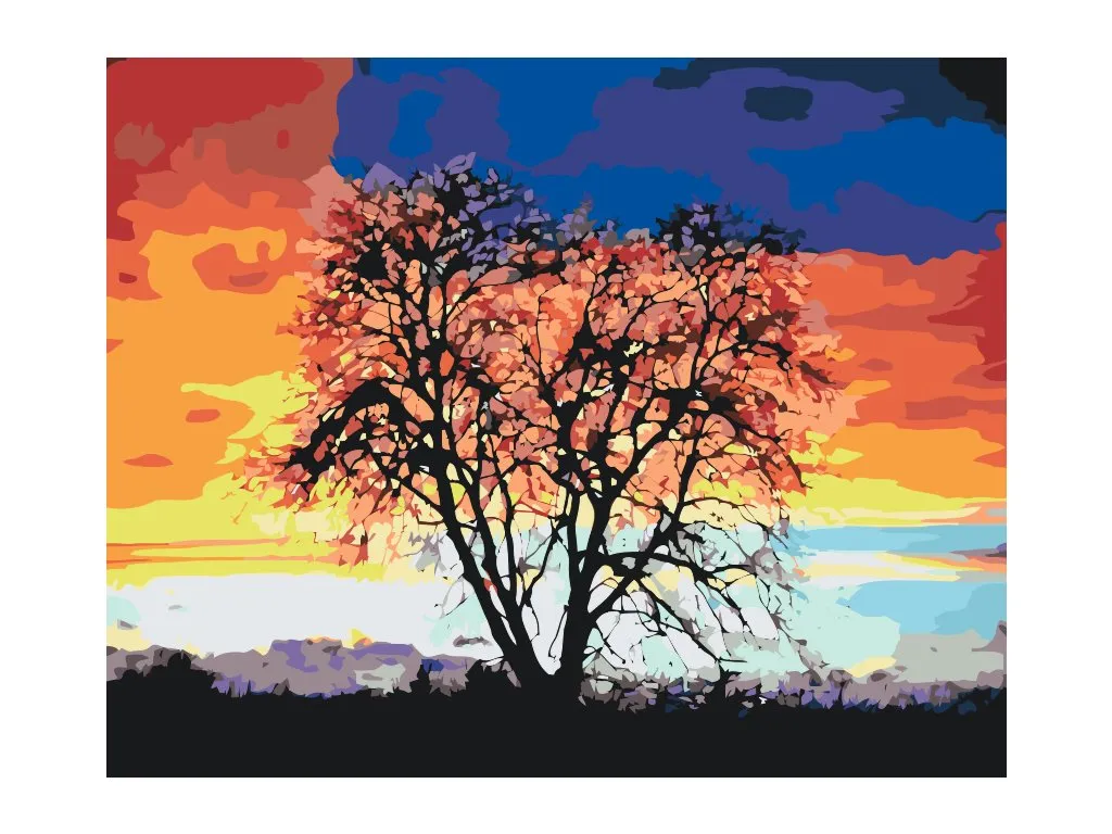 Pintar por Números - Árbol y colorida puesta de sol