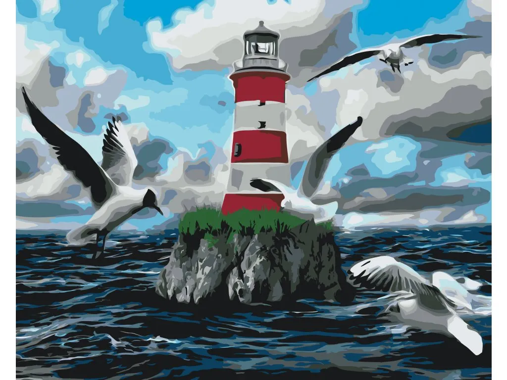 Pintar por Números - Faro blanco y rojo y gaviotas