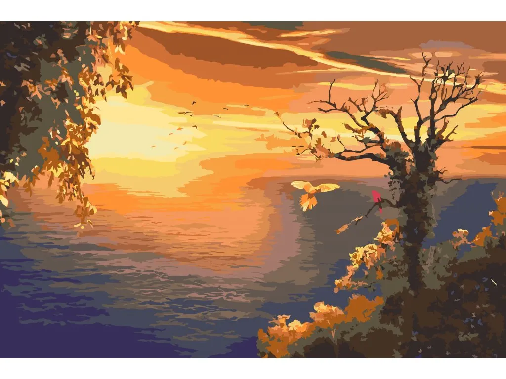 Pintar por Números - Puesta de sol sobre el océano y loros