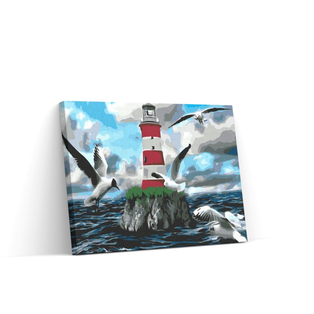 Pintar por Números - Faro blanco y rojo y gaviotas