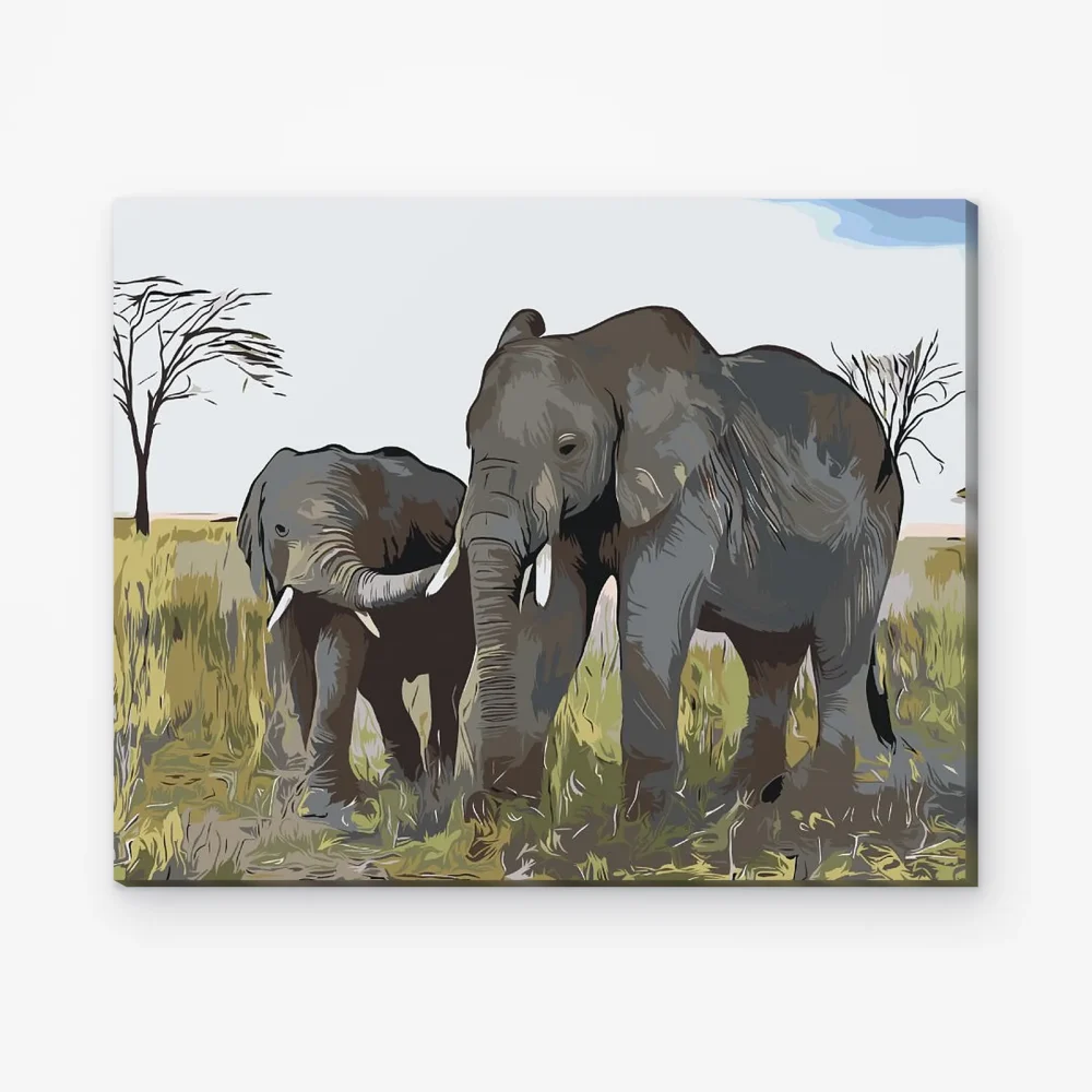 Pintar por Números - Cría de elefante con su madre