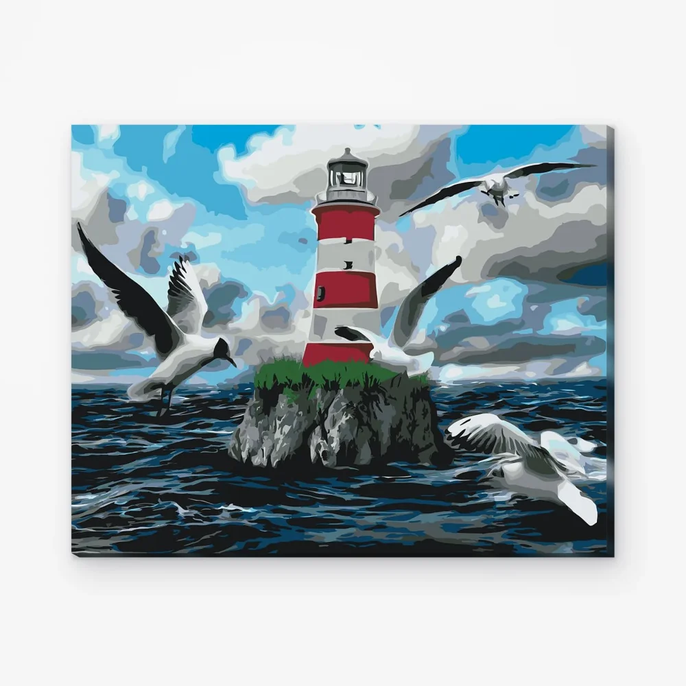 Pintar por Números - Faro blanco y rojo y gaviotas