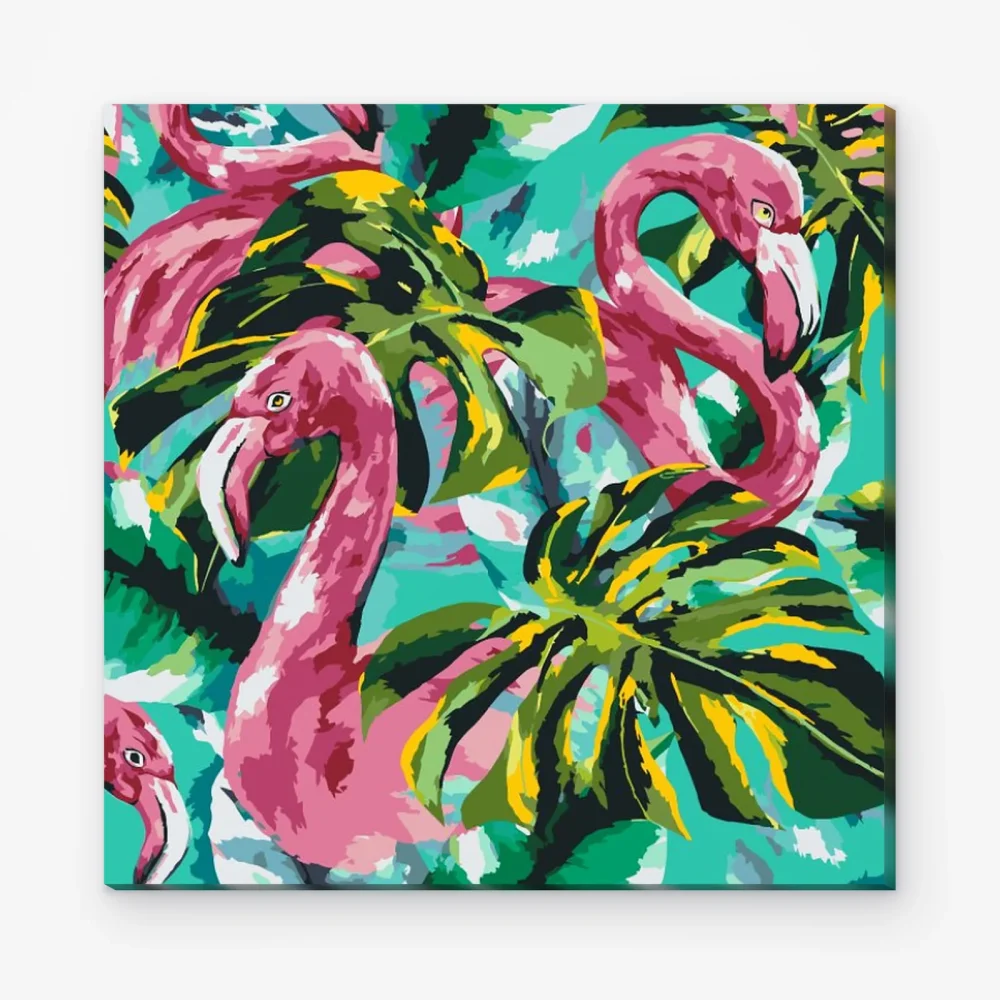 Pintar por Números - Flamencos rosas con hojas tropicales