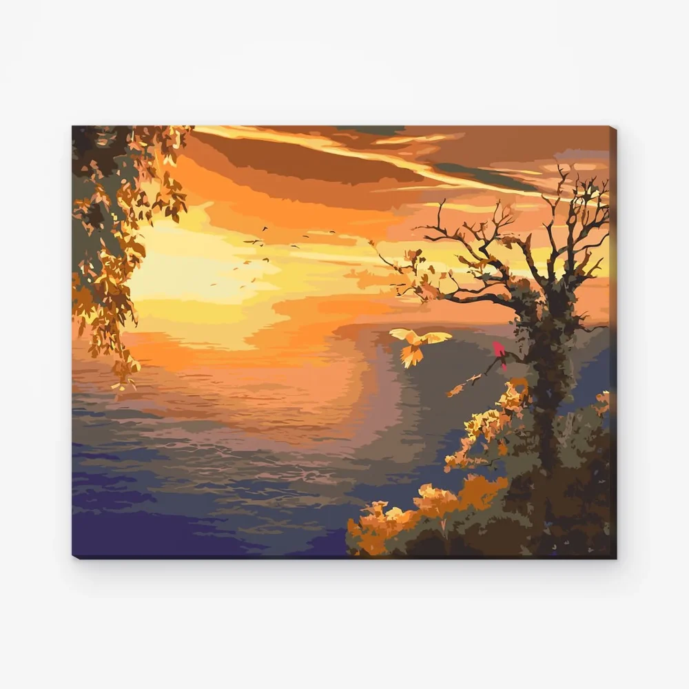Pintar por Números - Puesta de sol sobre el océano y loros