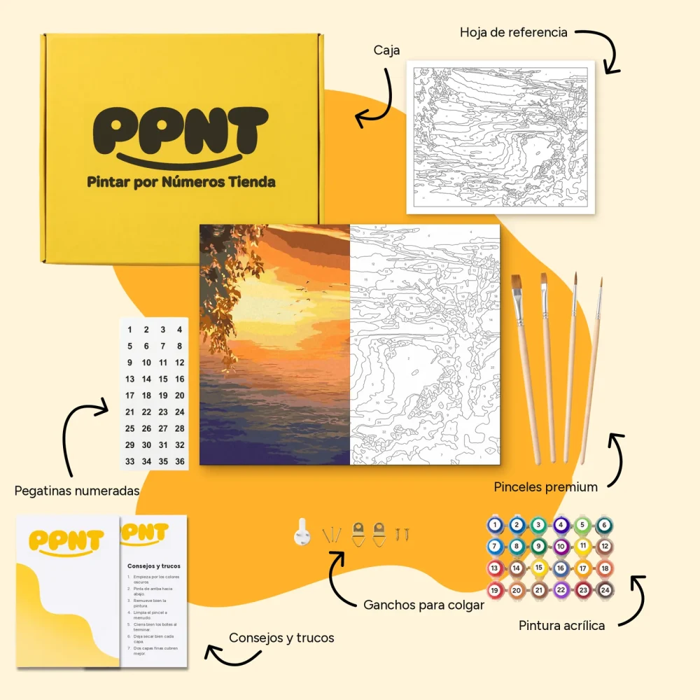 Pintar por Números - Puesta de sol sobre el océano y loros