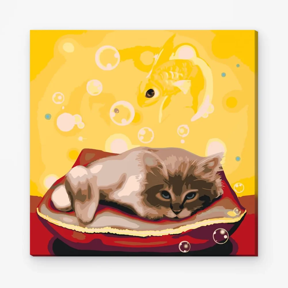 Pintar por Números - Un gato soñando con un pez