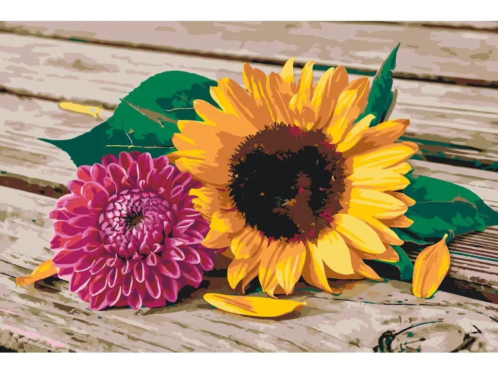 Pintar por Números - Girasol y dalia rosa