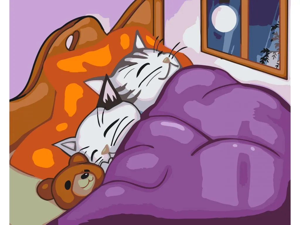 Pintar por Números - Gatitos y osito de peluche en una cama