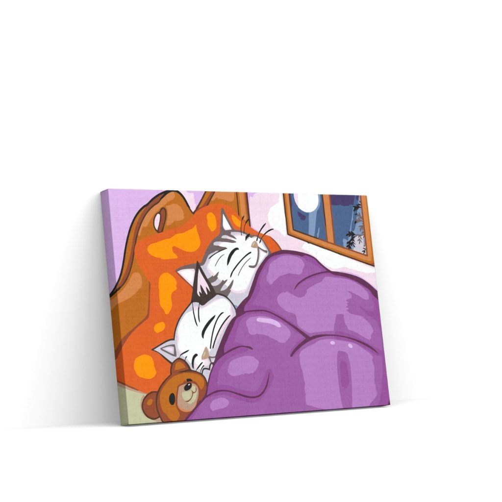 Pintar por Números - Gatitos y osito de peluche en una cama