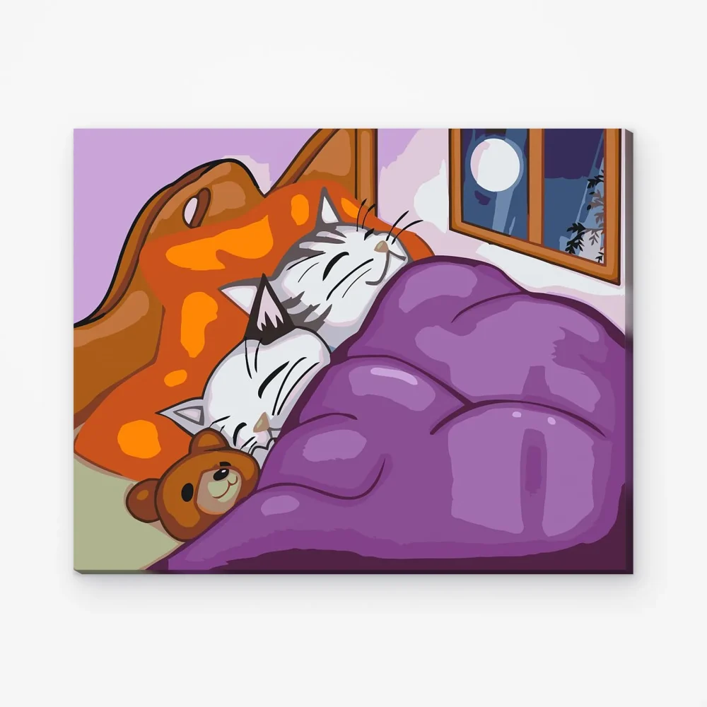 Pintar por Números - Gatitos y osito de peluche en una cama