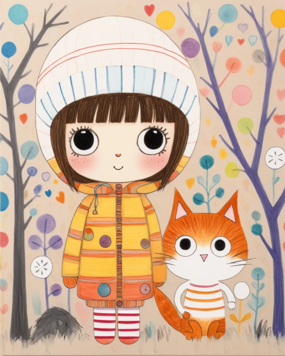 Pintar por Números - Niña y gato en un bosque colorido, foto 2