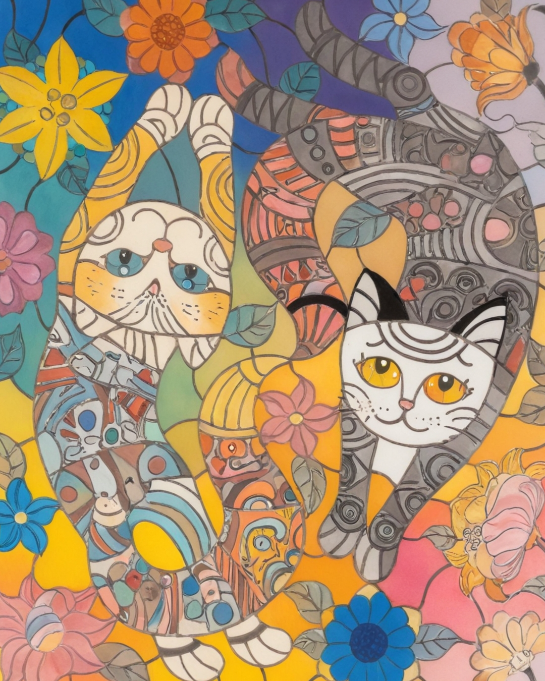 Pintar por Números - Gatos coloridos en una fantasía floral