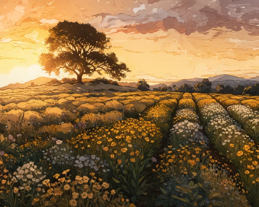 Pintar por Números - Puesta de sol sobre un campo de flores, foto 2