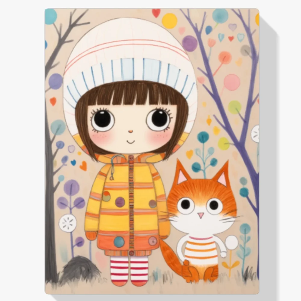 Pintar por Números - Niña y gato en un bosque colorido