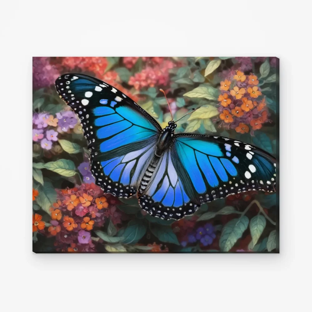 Pintar por Números - Mariposa azul sobre flores de colores