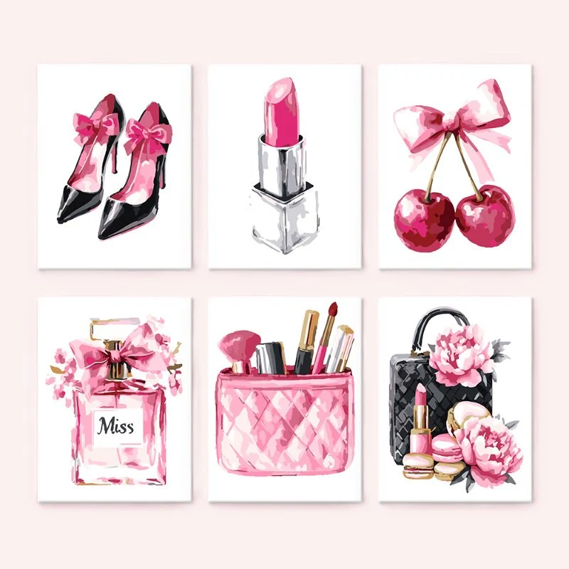 Pintar por números - 6 mini pinturas | Conjunto de glamour rosa