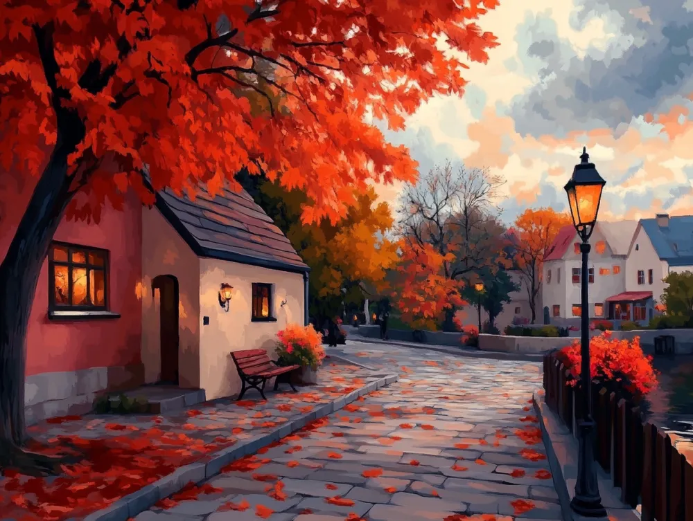 Pintar por Números - Calle de otoño al atardecer, foto 2