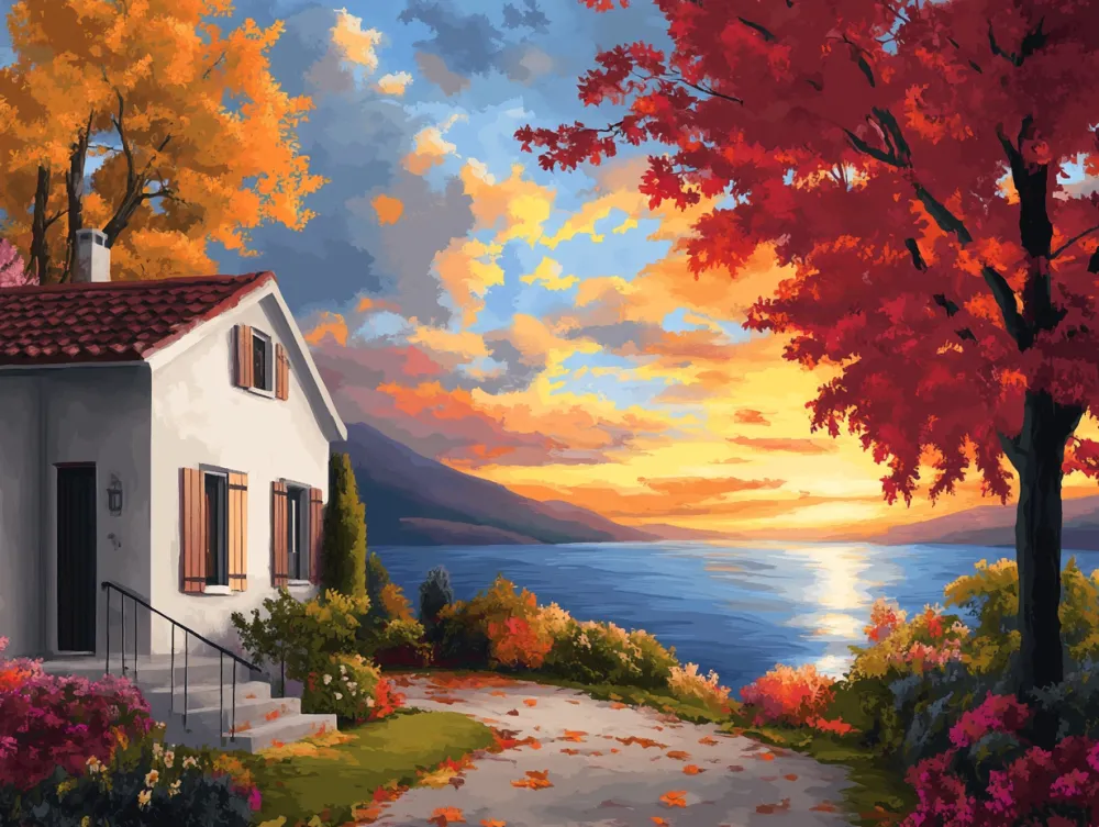 Pintar por Números - Acogedor paisaje de cabaña V3, foto 2