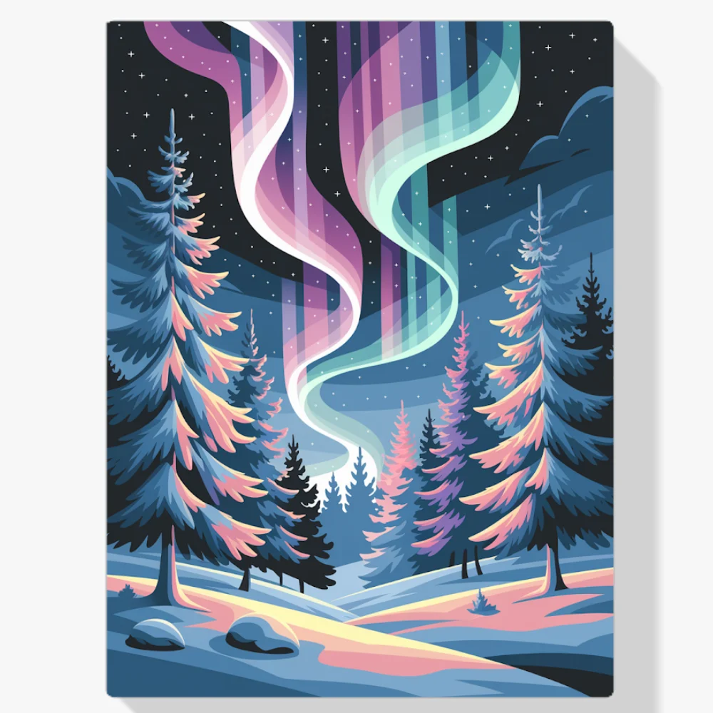Pintar por Números - Auroras boreales sobre un bosque nevado
