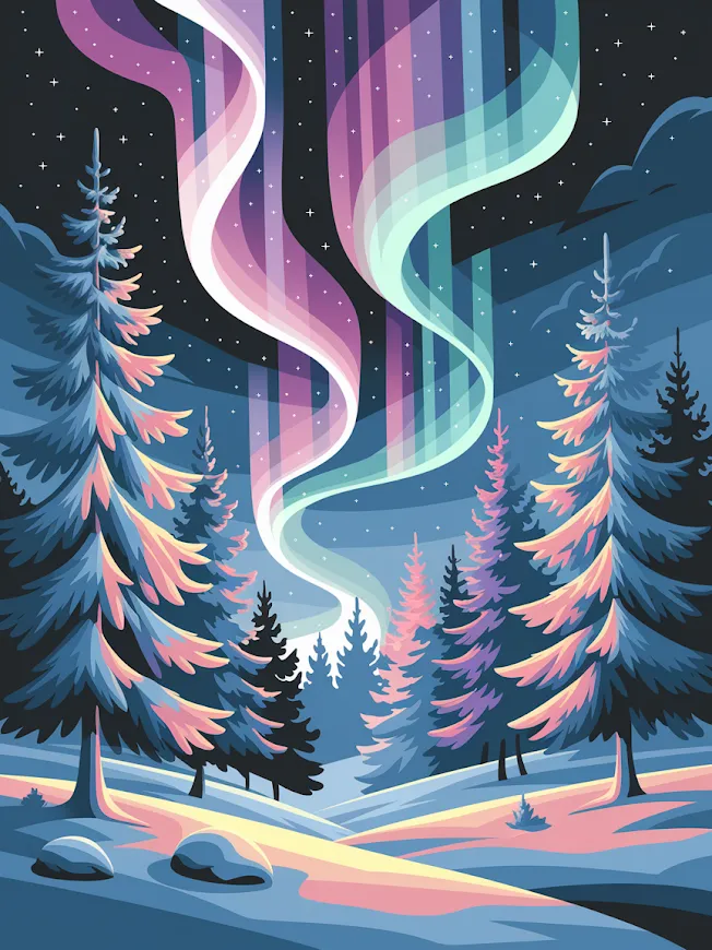 Pintar por Números - Auroras boreales sobre un bosque nevado, foto 2