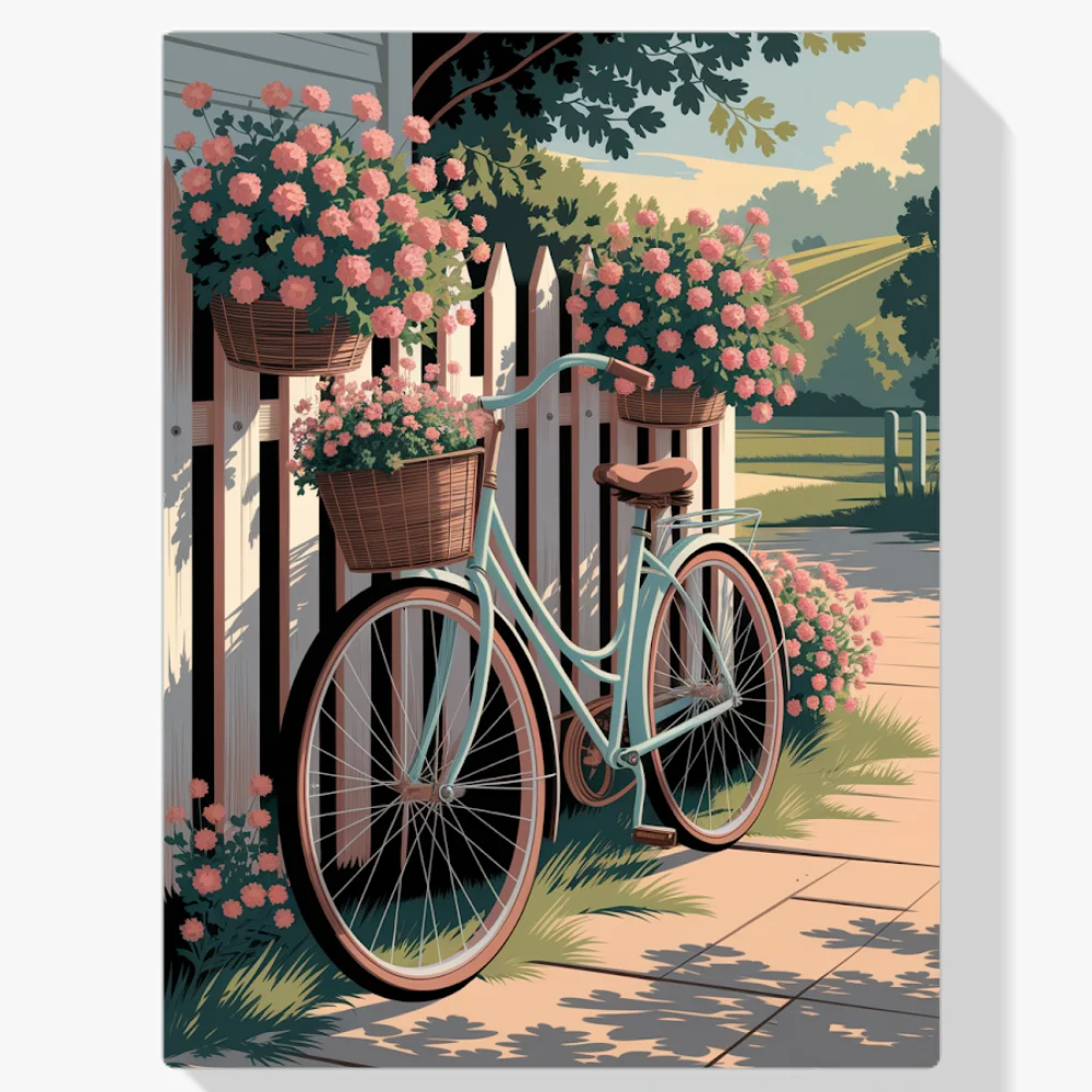 Pintar por Números - Bicicleta vintage apoyada en una valla con cestas de flores