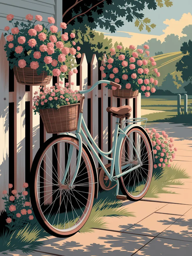 Pintar por Números - Bicicleta vintage apoyada en una valla con cestas de flores, foto 2