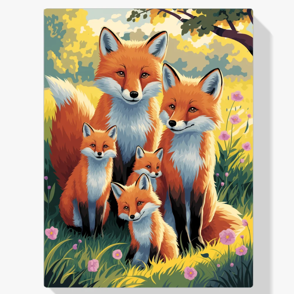 Pintar por Números - Caprichosa familia de zorros en un prado