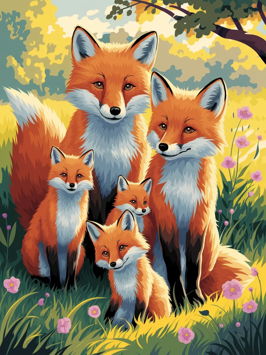 Pintar por Números - Caprichosa familia de zorros en un prado, foto 2