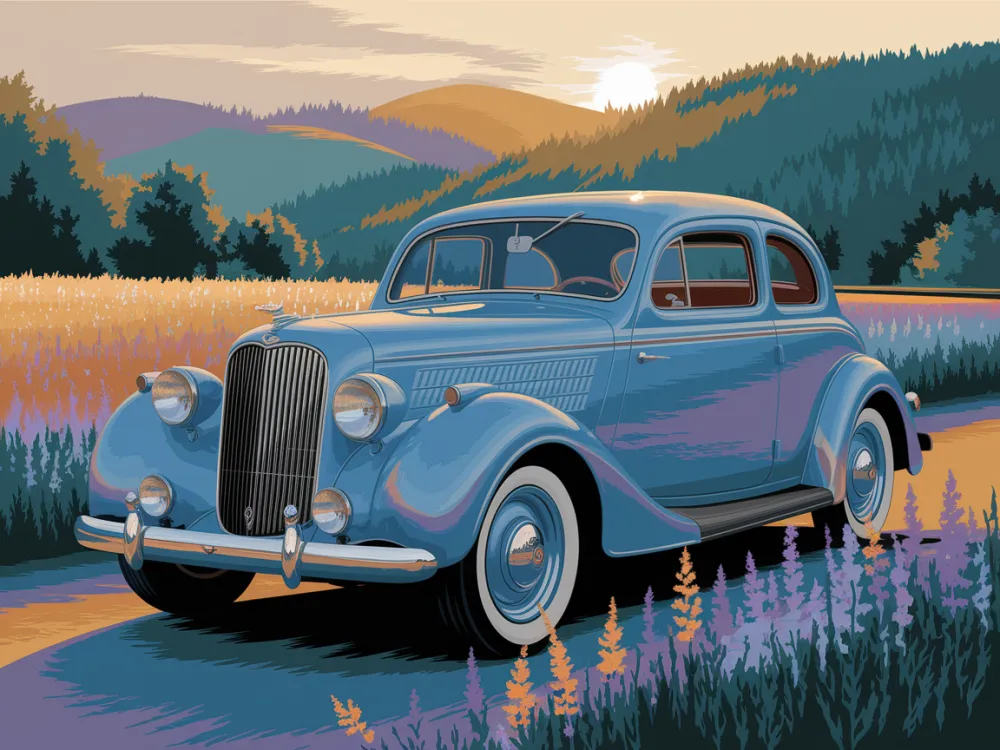 Pintar por Números - Coche de época en un campo de flores V1, foto 2