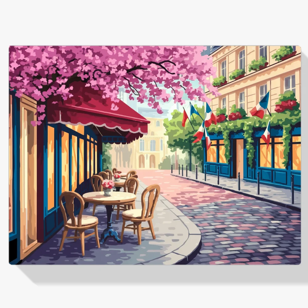 Pintar por Números - Encantador café callejero parisino con adoquines
