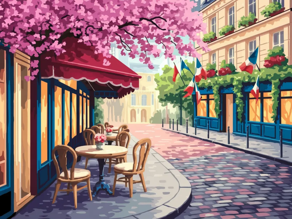 Pintar por Números - Encantador café callejero parisino con adoquines, foto 2
