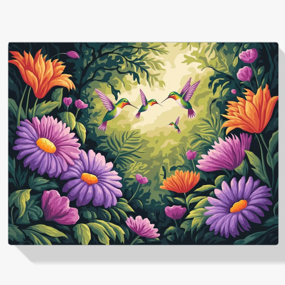 Pintar por Números - Exuberante selva tropical con flores y aves exóticas