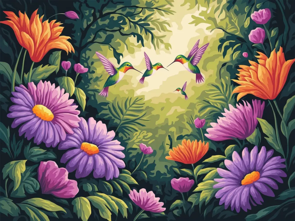 Pintar por Números - Exuberante selva tropical con flores y aves exóticas, foto 2