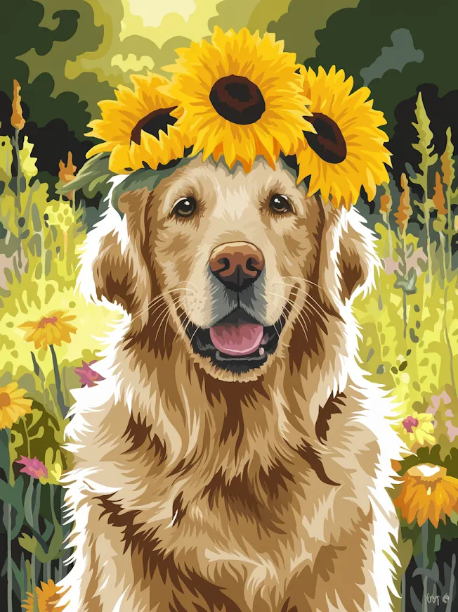 Pintar por Números - Golden retriever con corona de girasoles, foto 2