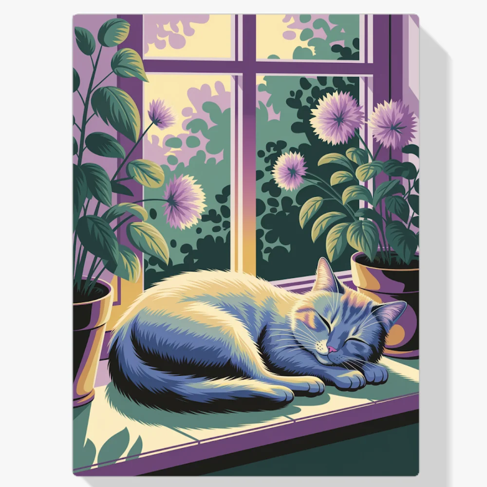 Pintar por Números - Lindo gato dormido en un alféizar con plantas
