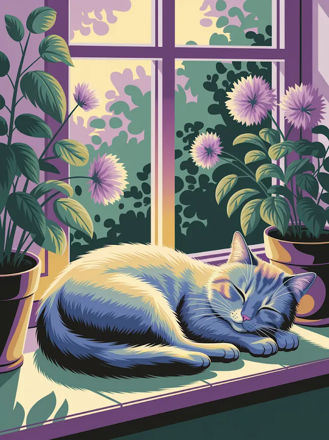 Pintar por Números - Lindo gato dormido en un alféizar con plantas, foto 2