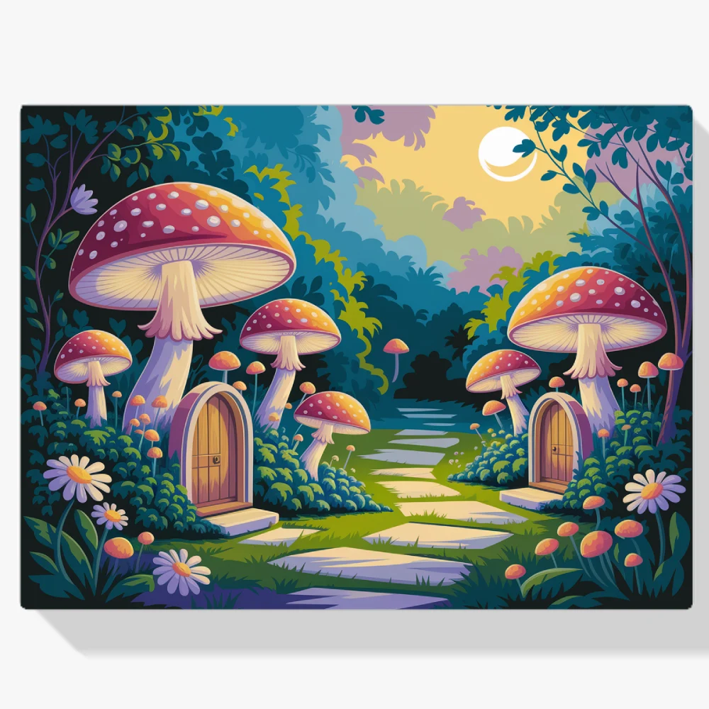 Pintar por Números - Mágico jardín de hadas con setas y pequeñas puertas