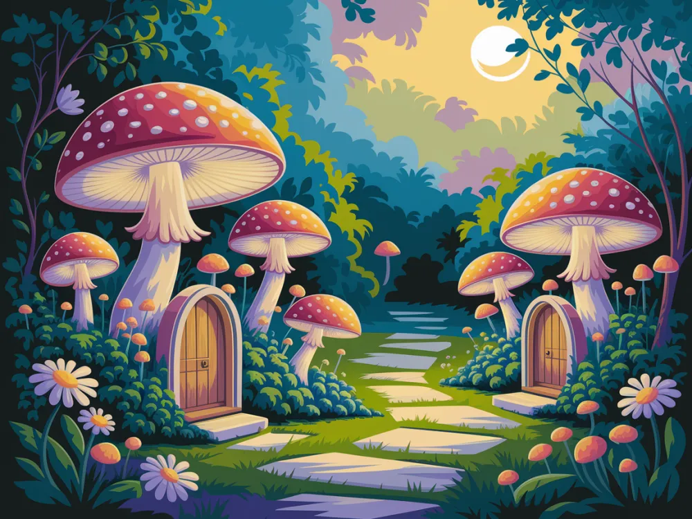 Pintar por Números - Mágico jardín de hadas con setas y pequeñas puertas, foto 2