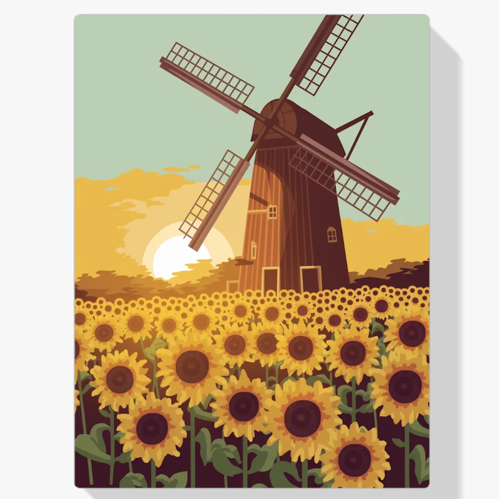 Pintar por Números - Molino de viento en un campo de girasoles