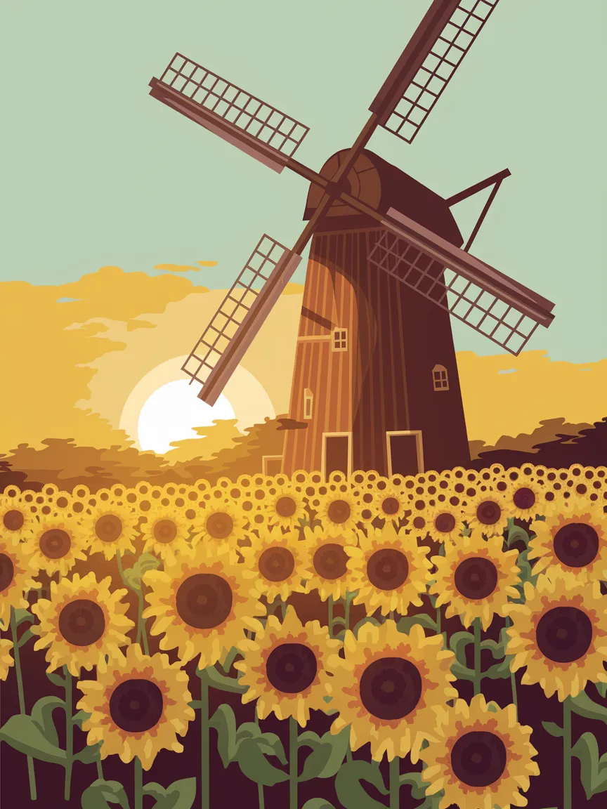 Pintar por Números - Molino de viento en un campo de girasoles, foto 2