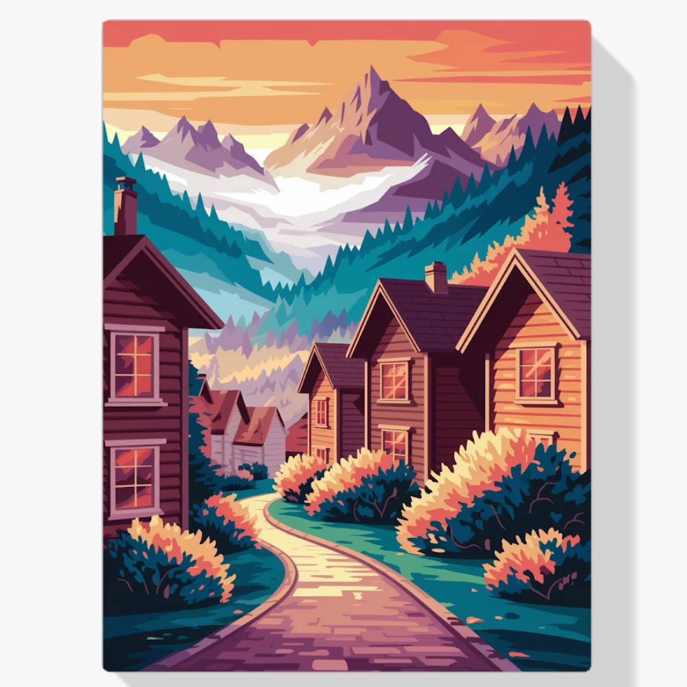 Pintar por Números - Pueblo de montaña al amanecer con picos neblinosos V1