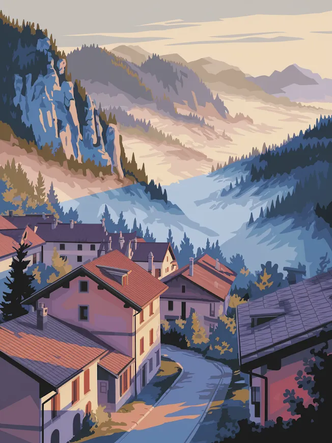 Pintar por Números - Pueblo de montaña al amanecer con picos neblinosos V2, foto 2
