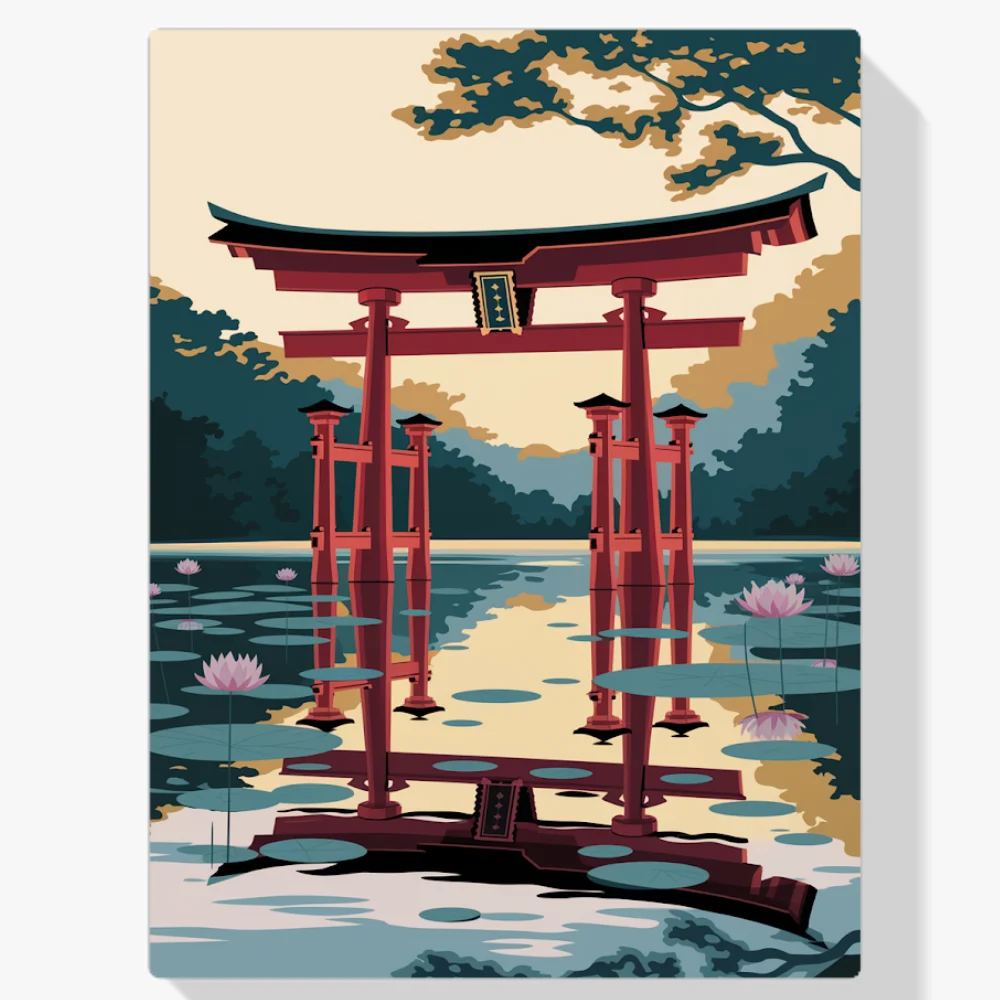 Pintar por Números - Puerta torii japonesa en un tranquilo estanque