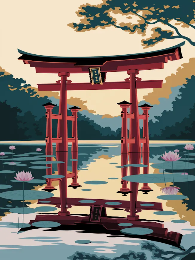 Pintar por Números - Puerta torii japonesa en un tranquilo estanque, foto 2