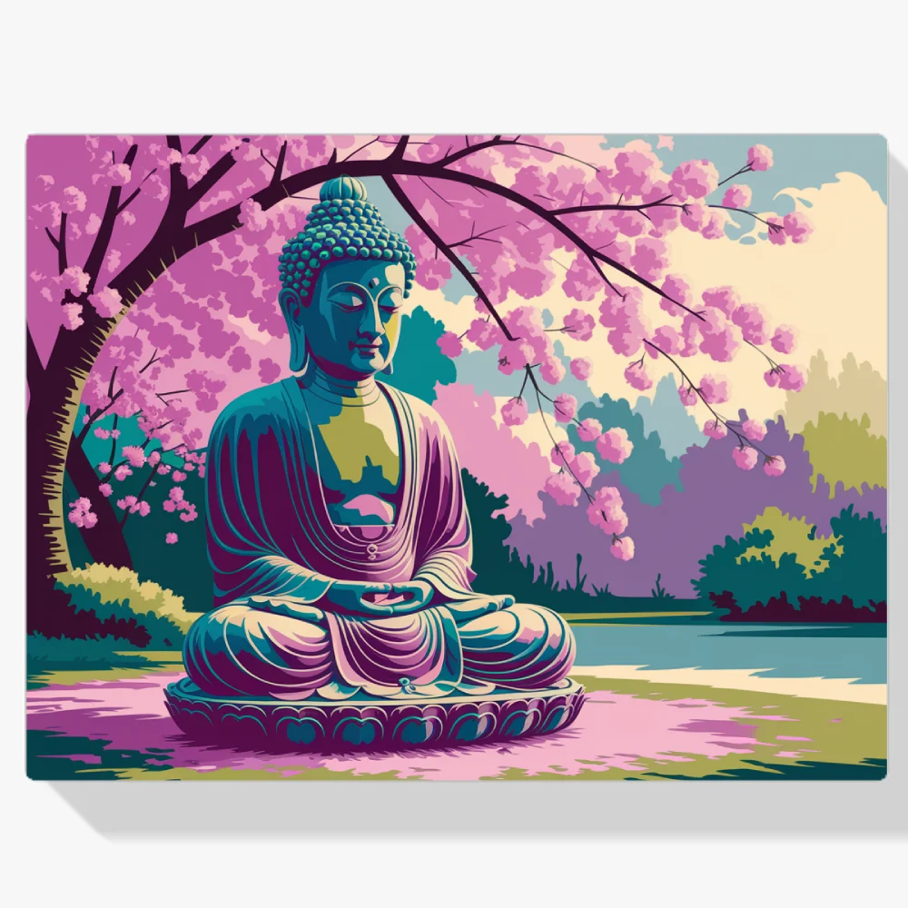Pintar por Números - Serena estatua de Buda rodeada de cerezos en flor
