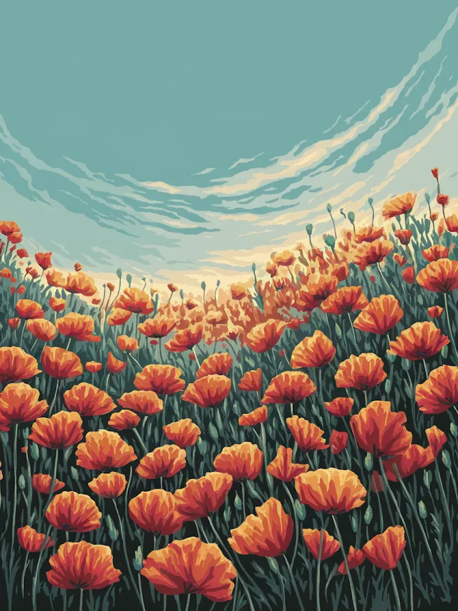 Pintar por Números - Vibrante campo de amapolas bajo un cielo azul, foto 2