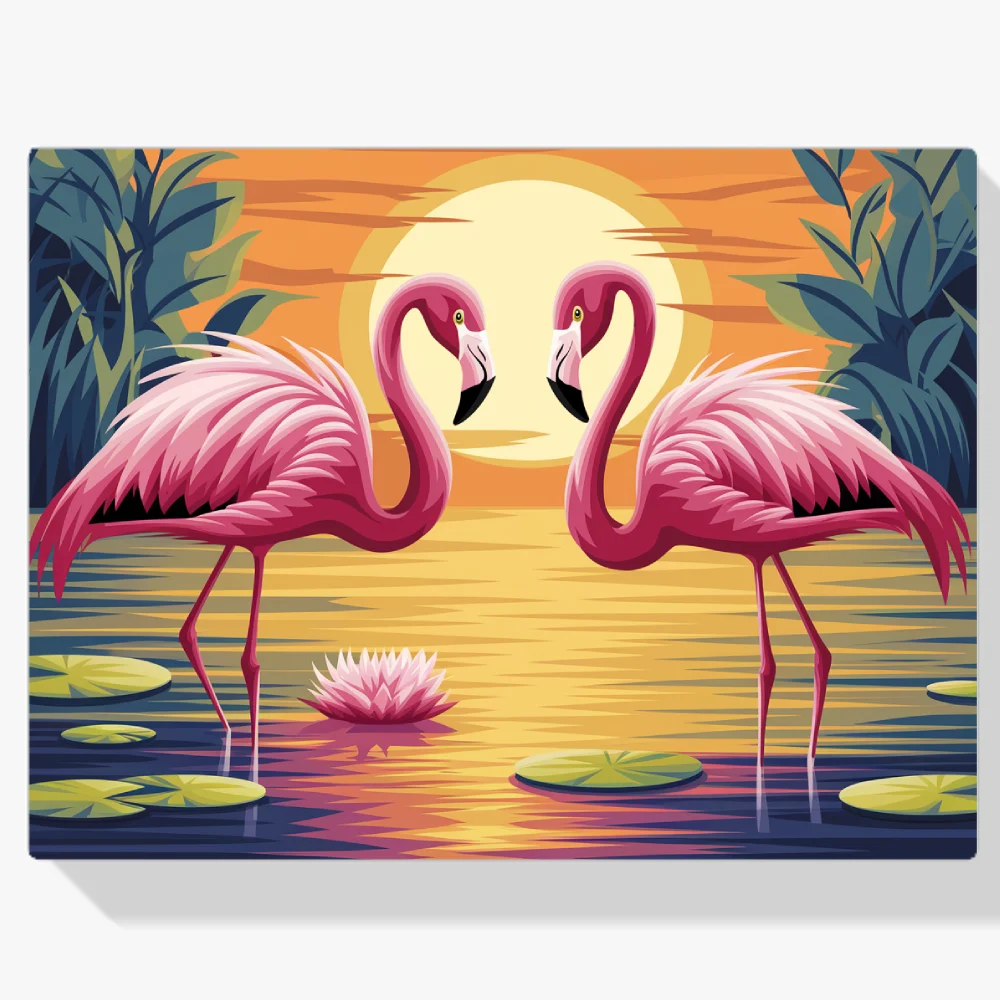 Pintar por Números - Vibrantes flamencos vadeando un estanque