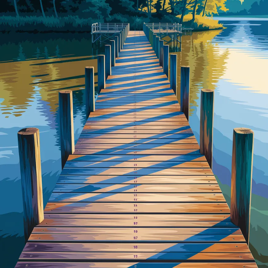 Pintar por Números - Viejo muelle de madera que se adentra en un lago tranquilo, foto 2
