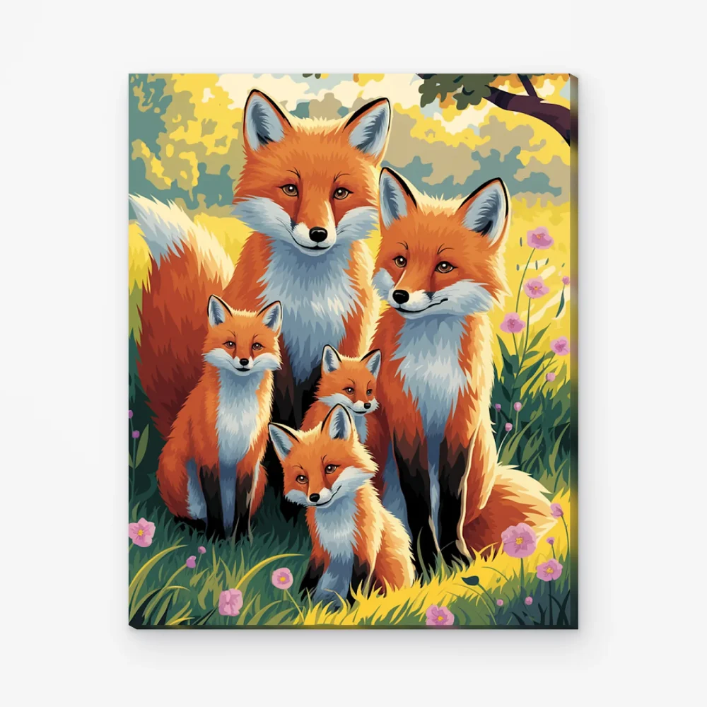 Pintar por Números - Caprichosa familia de zorros en un prado